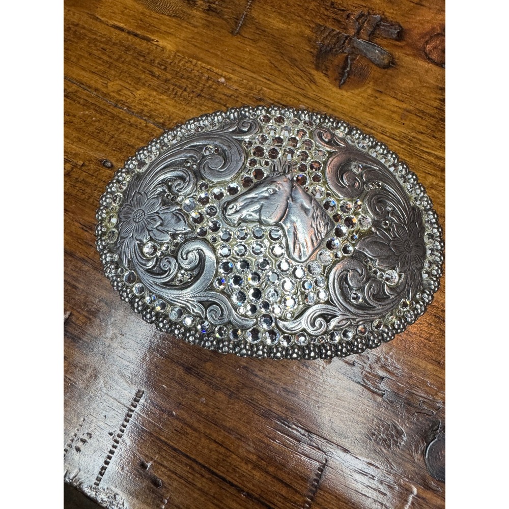Nocona Silver Horse Head Rhinestone Western Floral Scroll Oval‎ Belt Buckle